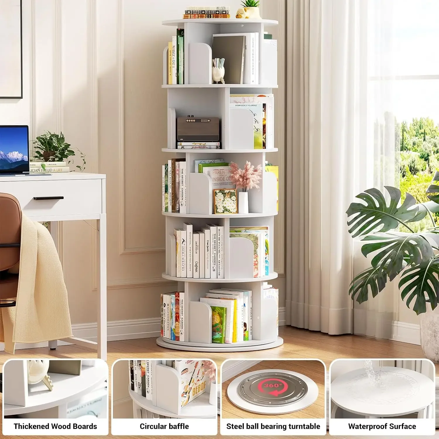 Rotating Bookshelf, 360 Display Wood Spinning Bookshelf Tower, 5 Tier Floor Standing Bookcase Storage Rack, Revolving Bookcase C