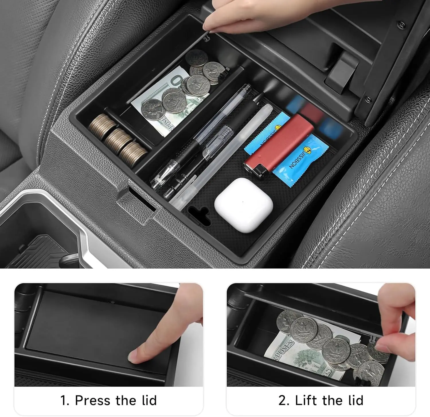 2PCS for Toyota Tacoma 2024 -2026 Armrest Storage Box Center Console Organizer Tray Tidying Car Interior Accessories Black ABS view 5