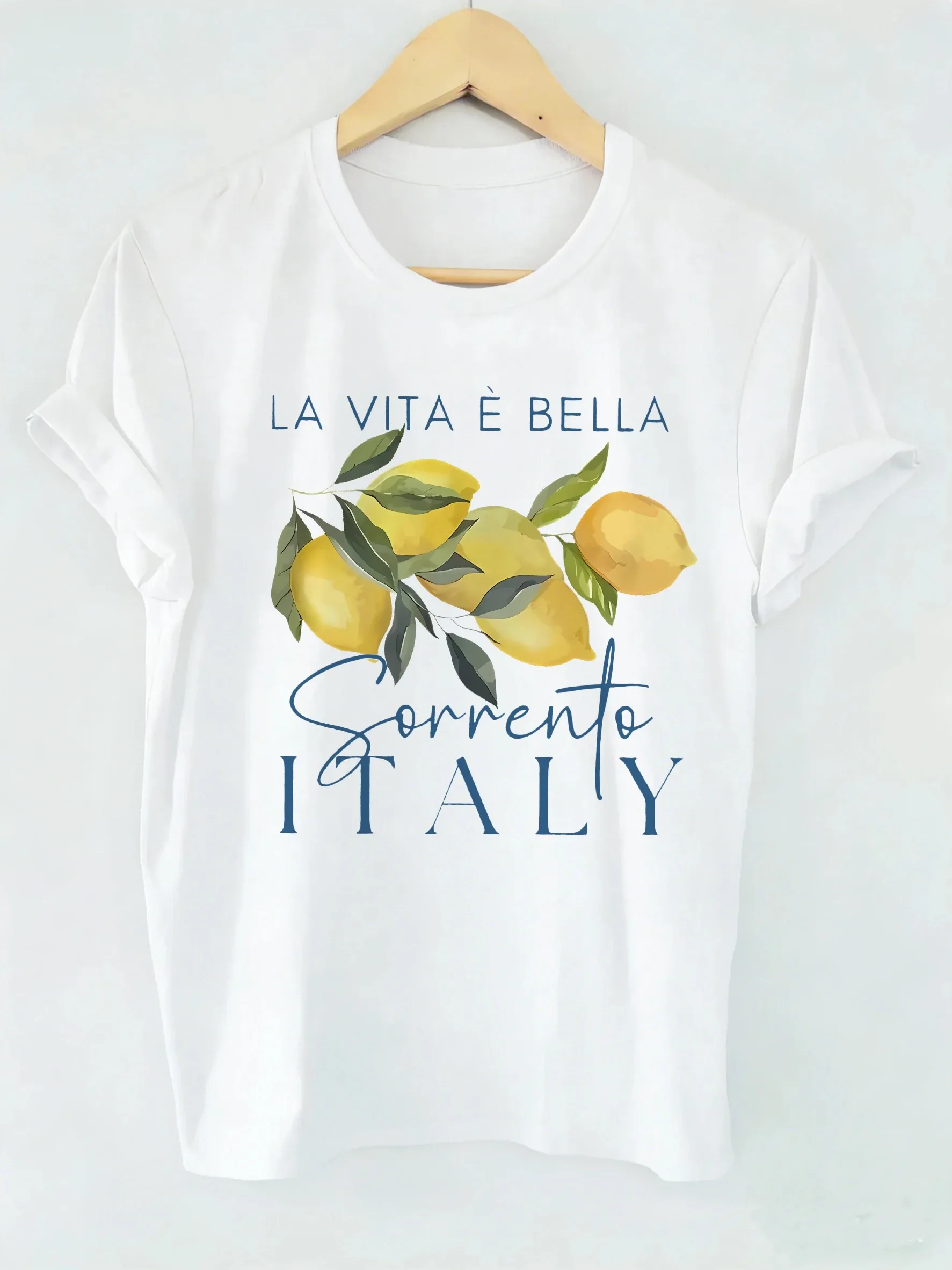 Summer Women T-Shirt Sorrento Italy Lemon Graphic Print Top Loose Casual Short Sleeve O-Neck Tees La Vita E Bella Retro Style