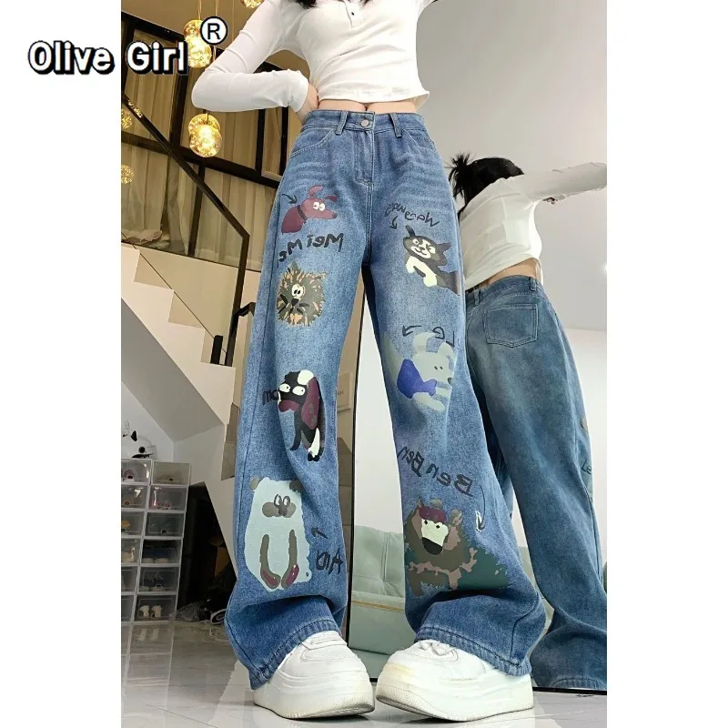 Olivegirl American Retro Jeans Graffiti Print Women's Pant Spring High Waisted Trousers Loose Straight Leg Casual Wide Leg Pants