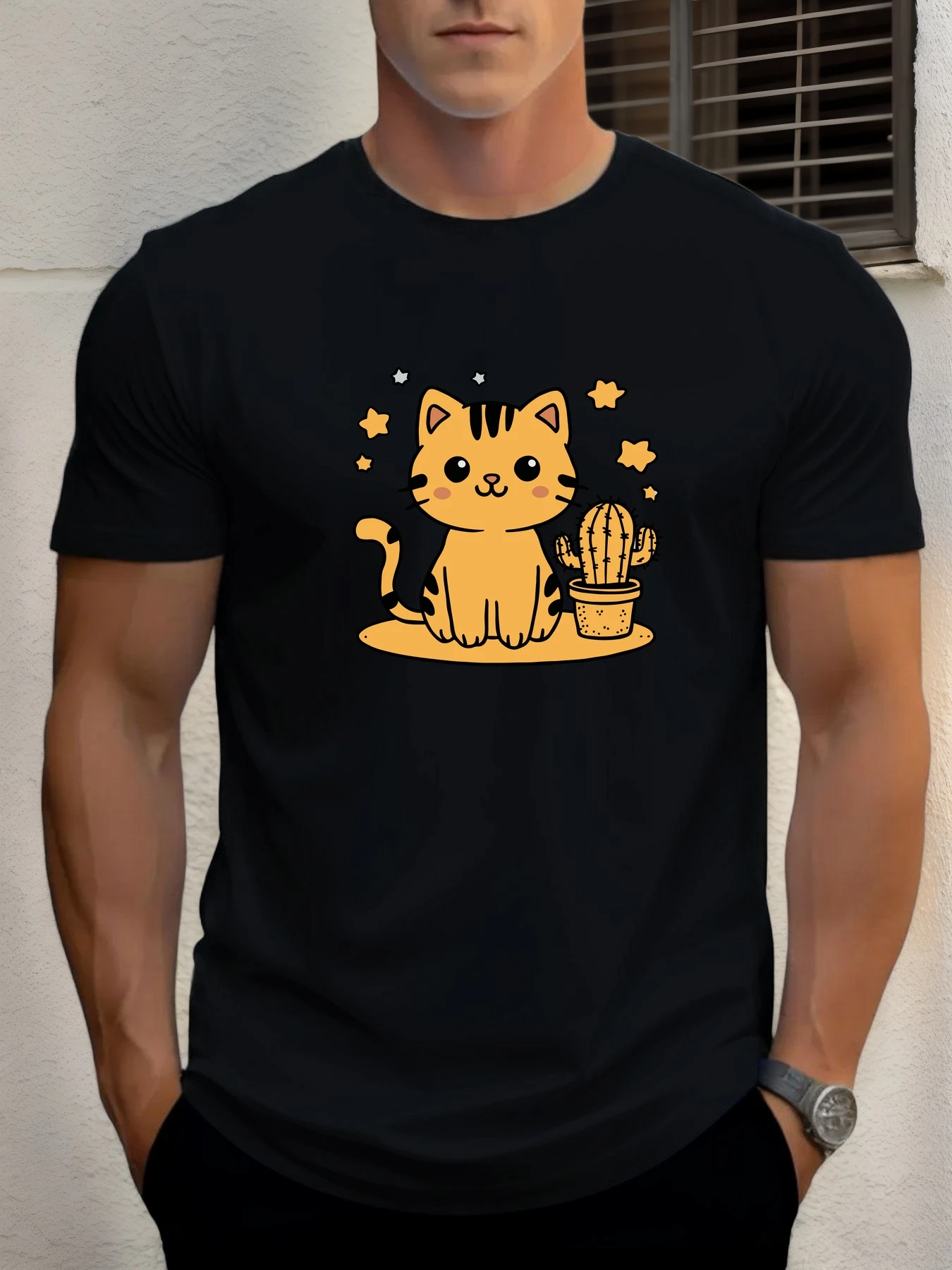 

T Shirt For Men Cat Cactus 100% Cotton Graphic Printing Summer Round Neck T-Shirt Casual Breathable Street Style Daily Top