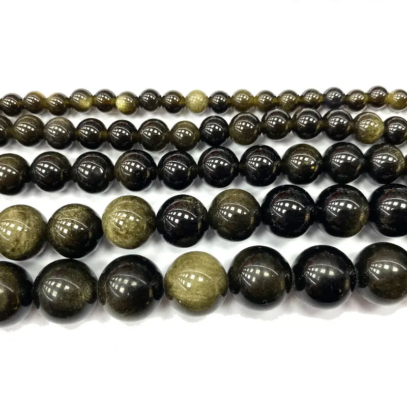 Fine Round Natural Gem Stone Beads Gold Obsidian DIY Women's Bracelet Necklace for Jewelry Making Charms 4/6/8/10/12/14MM 15''