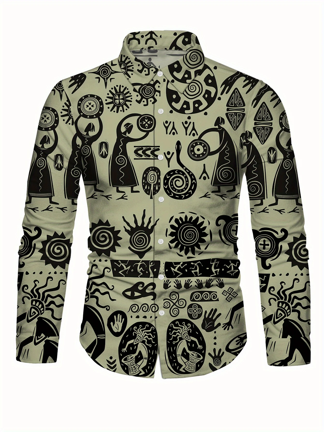 Men'S Stylish Long Sleeve Button-Up Shirt - Abstract Art Print, Black & Beige, Regular Fit, Classic Collar, Perfect for Casual