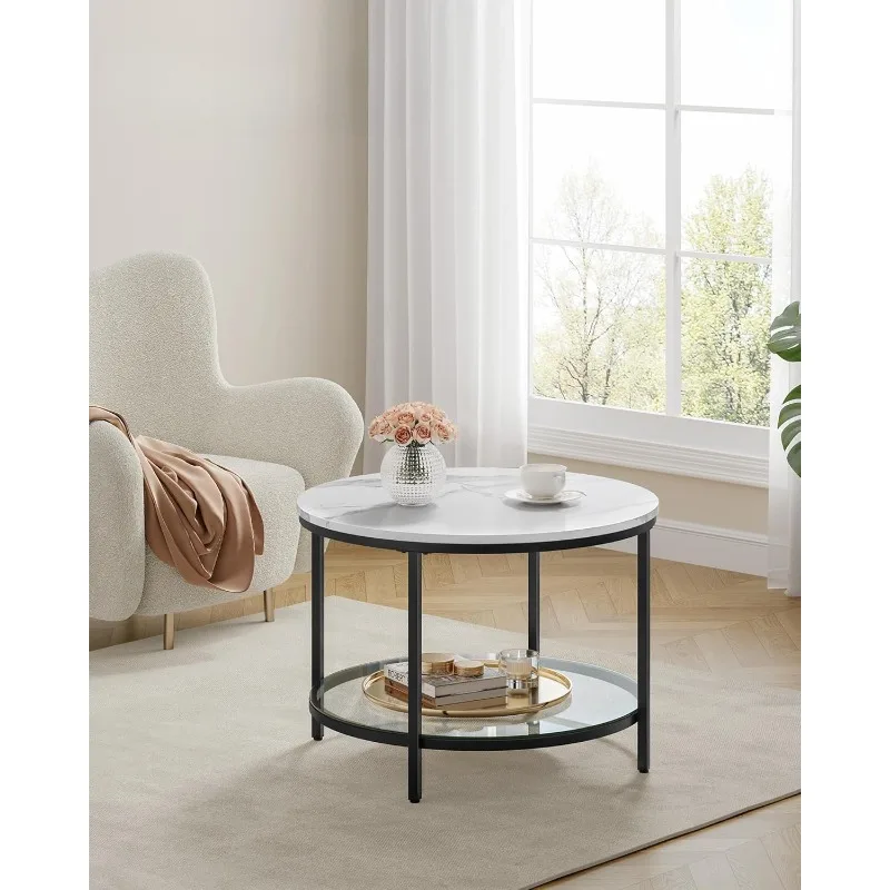 Small Coffee Table with Faux Marble Top and Glass Storage Shelf,2-Tier Circle Coffee Table,Modern Center Table for Living Room