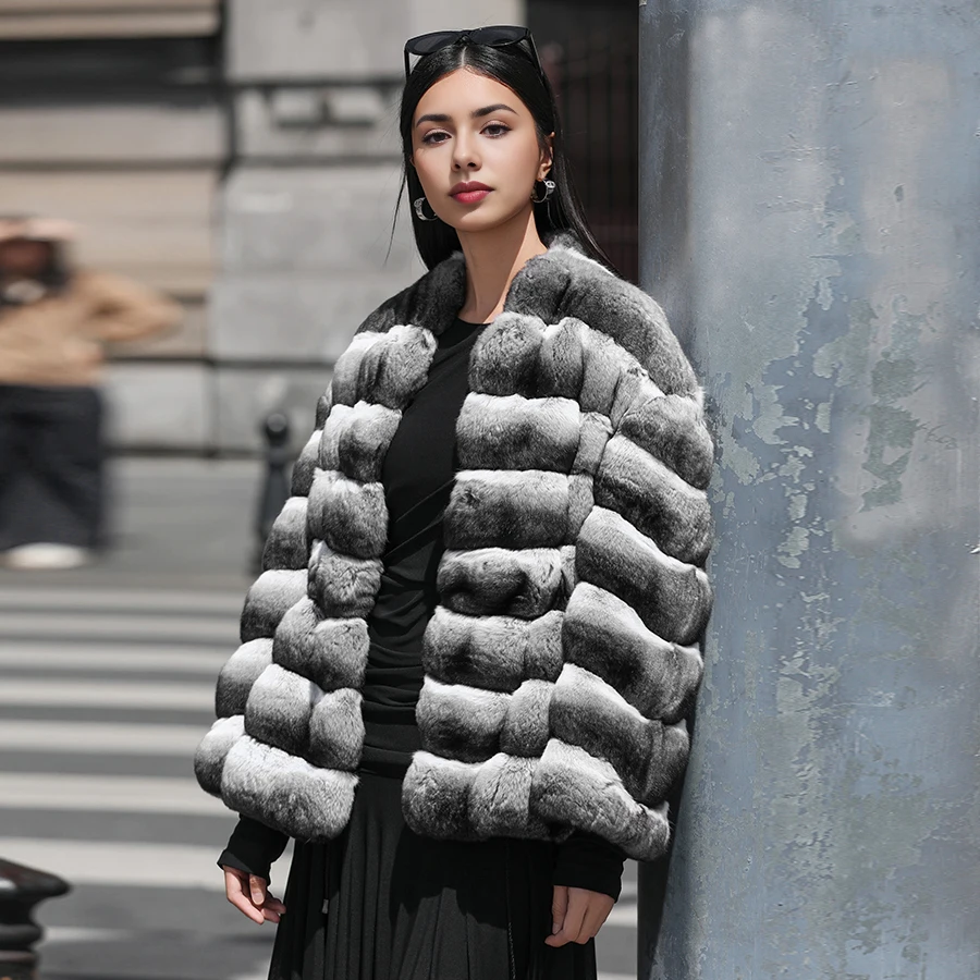 Rabbit Fur Coat With V-Neck Furry Jacket Chichilla Rex Rabbit Fur Coat New Arrivals Women's Natural Fur Coat