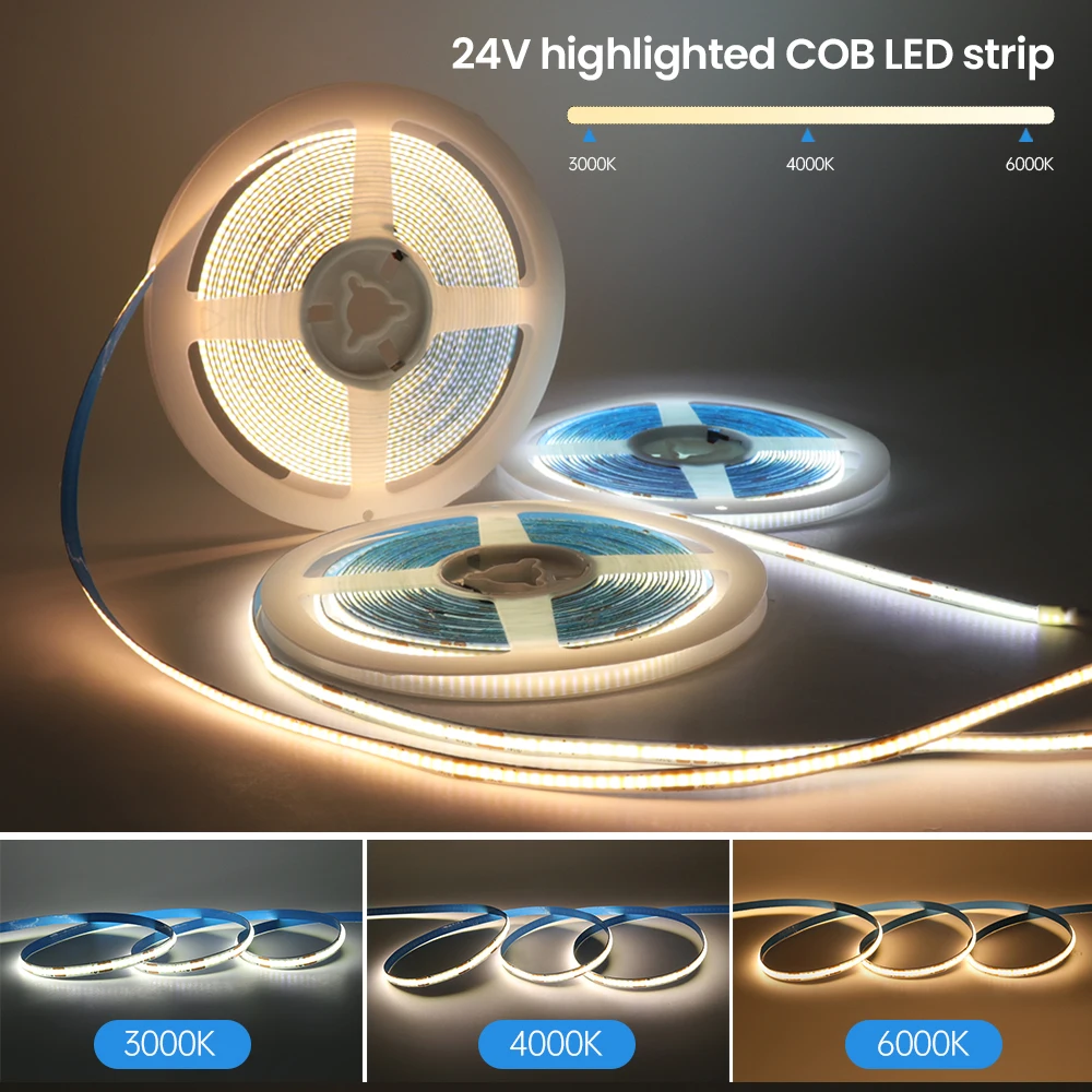 5m COB LED Light Strip 5MM 12V/24V DC 384Leds/m Warm White Natural White Light Dimmable Cabinet Decoration Ra90 Linear Tape