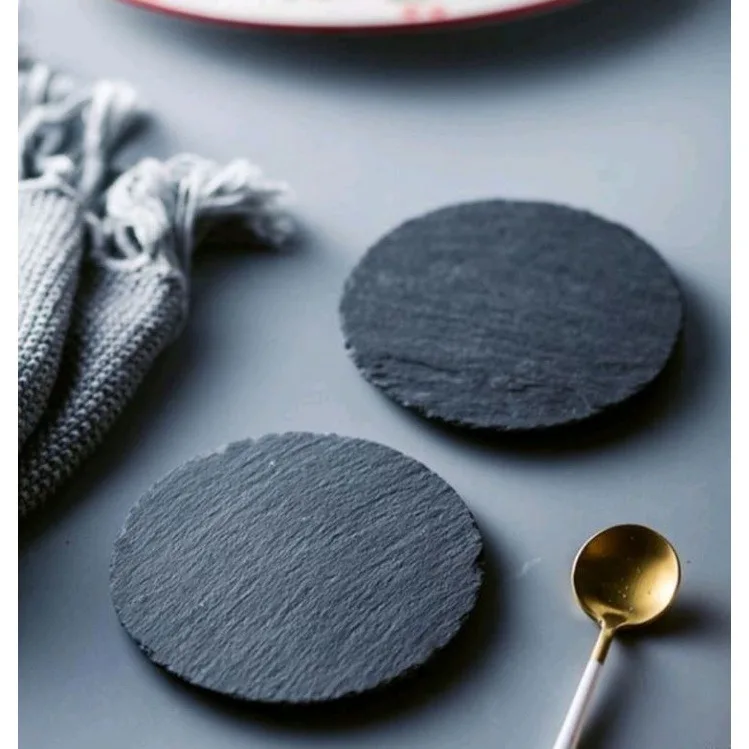 1pc Round Square Heat-Insulating Carved Coasters Japanese Slate Dining Mat Coasters Pad Reusable Stone Cup Mat Kitchen Tools