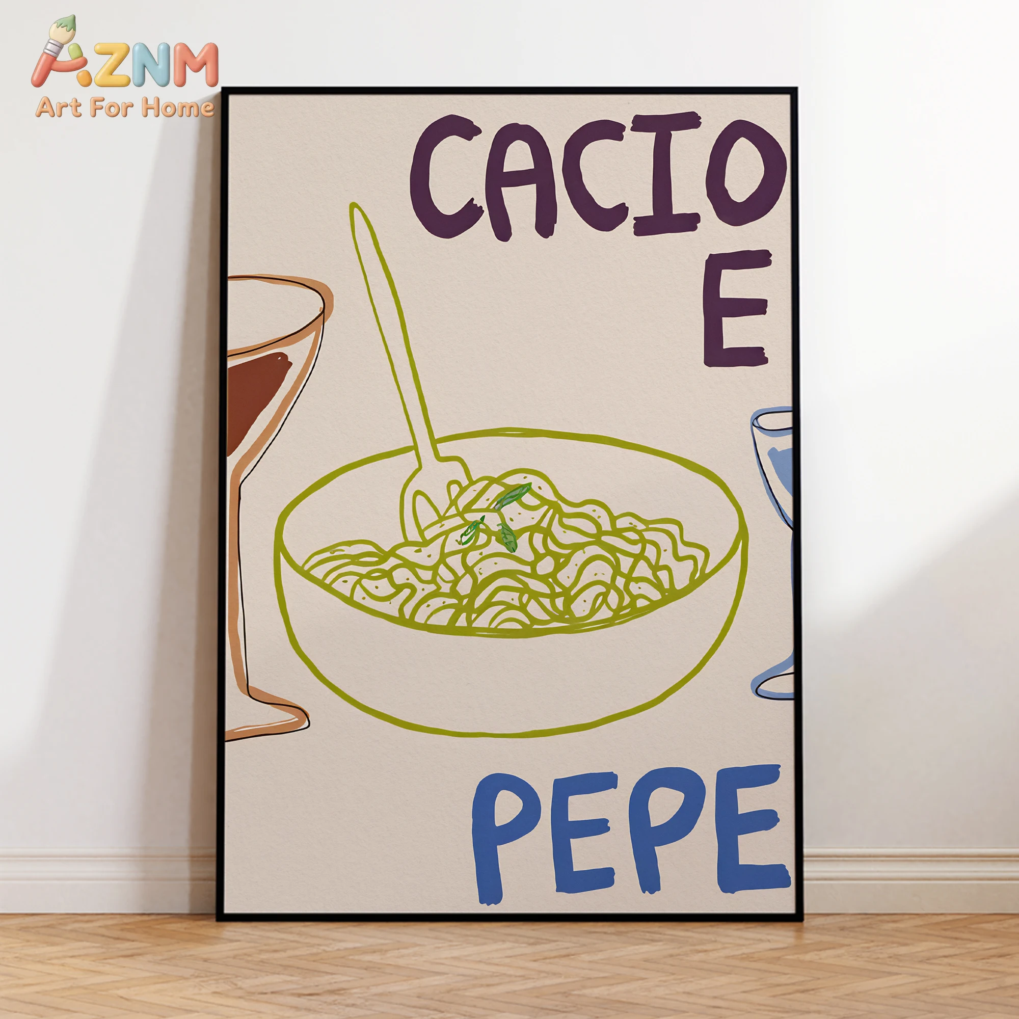 AZNM Cacio E Pepe Pasta Canvas Wall Art, Hand Drawn Italian Food Unframed Poster for Kitchen Dining Room Decor