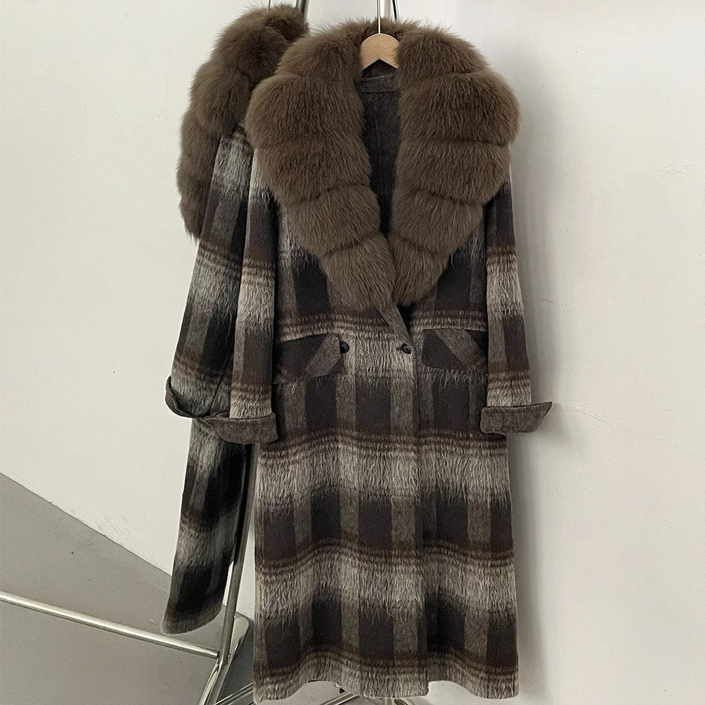 OFTBUY New Warm Winter Outerwear for Female Mid Long 100% Wool Coat Women Real Fox Fur Lapel Collar Vintage Plaid Woolen Jacket