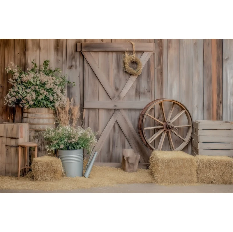 Barn Door Wooden Board Photo Backdrop Decor Western Wooden House Straw Bale Farmhouse Baby Shower Birthday Party Background