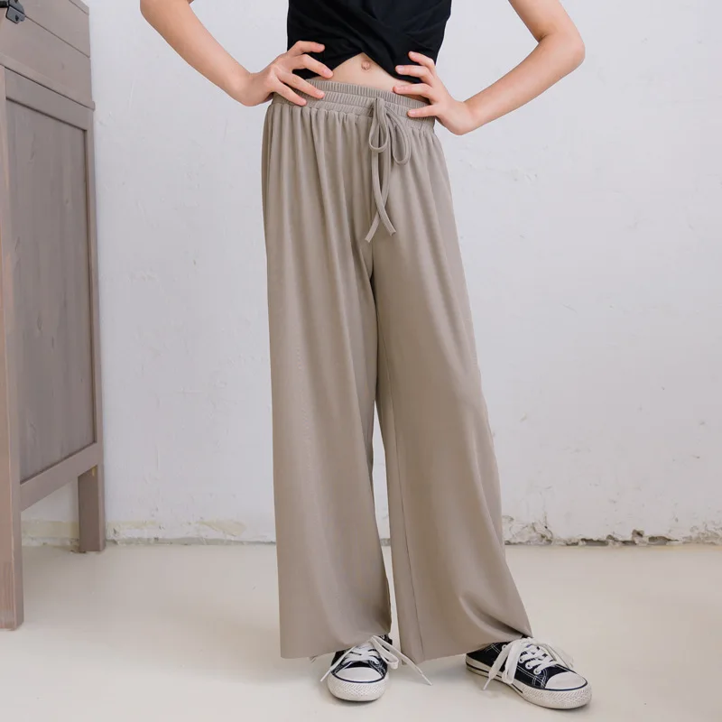 Summer Ice Silk Girls Panst Kids 2022 New Casual Solid Trousers Children Clothes Mid Elastic Waist Drawstring Wide Leg Pants