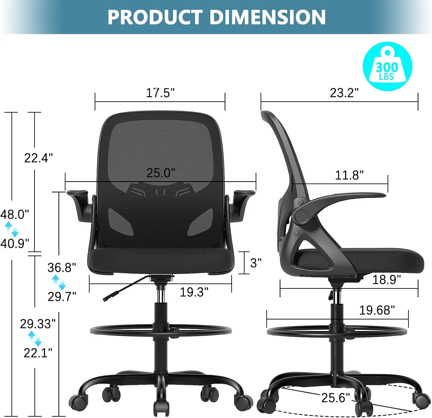 

Tall Drafting Chair with Footrest Ring for Home and Work, Ergonomic Home Desk Office Chair with Flip up Arms and Lumbar Support