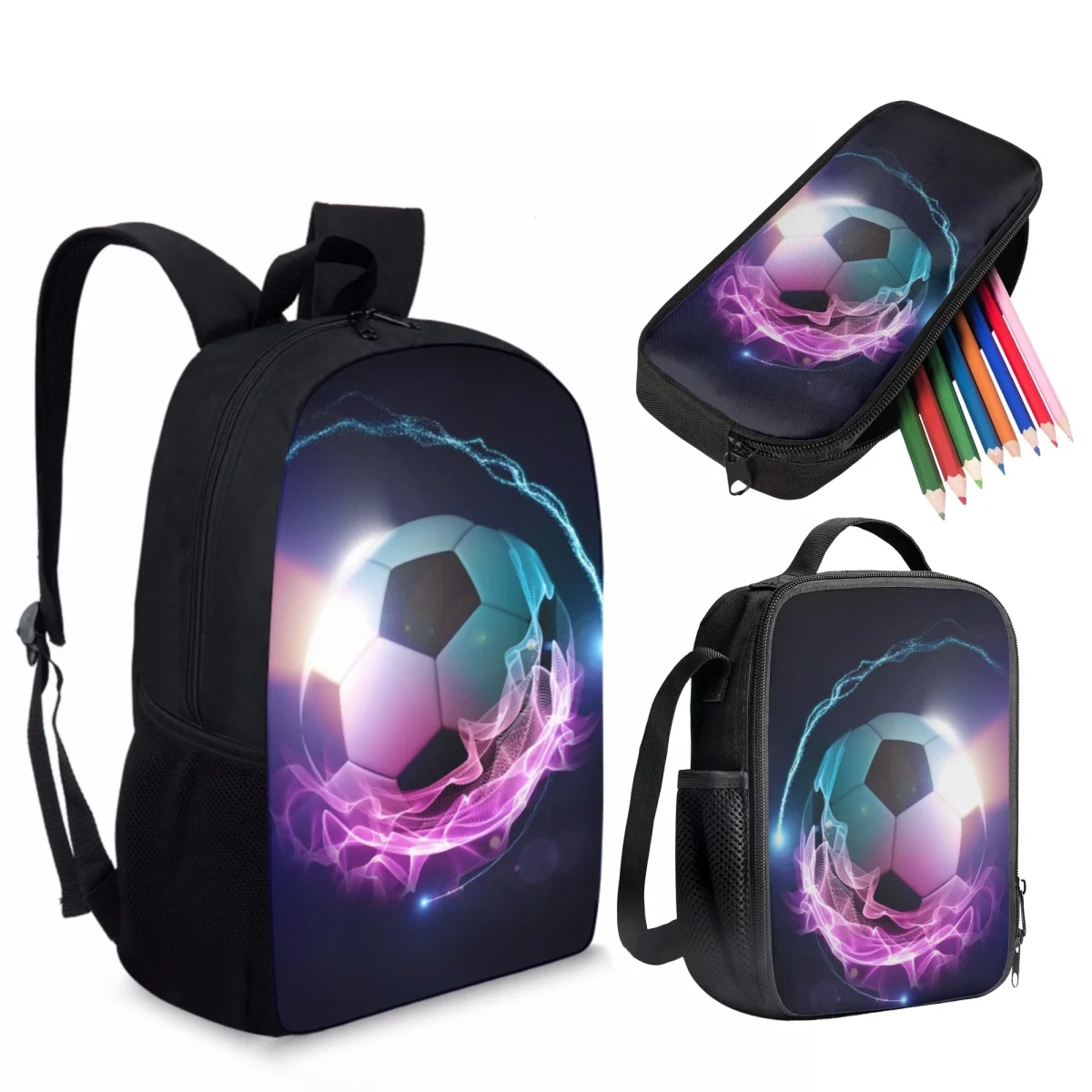 Football 3D Pattern Kids School Bags Boys Personalized Orthopedic Book Bags 3pcs Casual Backpacks with Lunch Box for Women Men