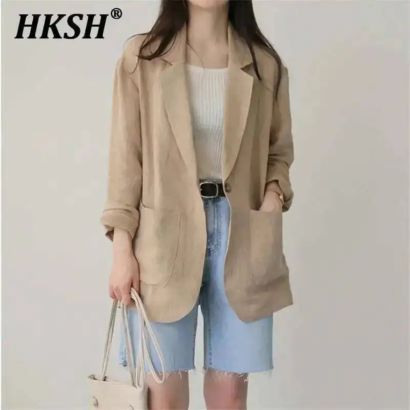 

HKSH Spring Autumn New Women Blazer Turn-down Collar Pockets Solid Color Elegant Vintage Casual Jacket British Style Coats H2717