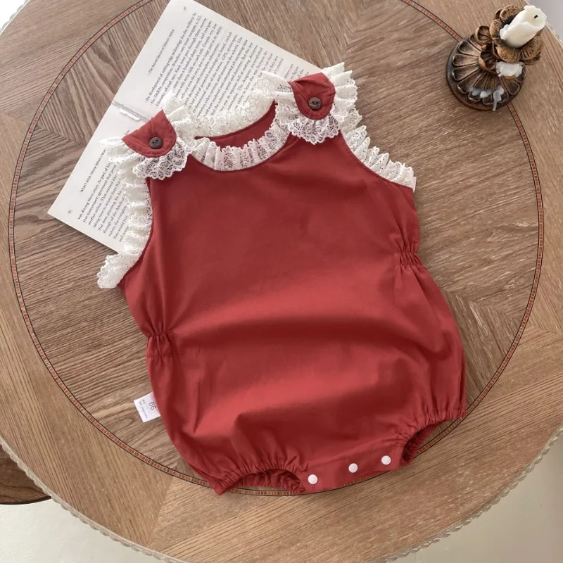 

2024 Baby Lace Flowers Bordered Sweatshirt Romper Red Newborn Infant Girls Rompers Sleeveless Jumpsuit Children Clothing HY06121