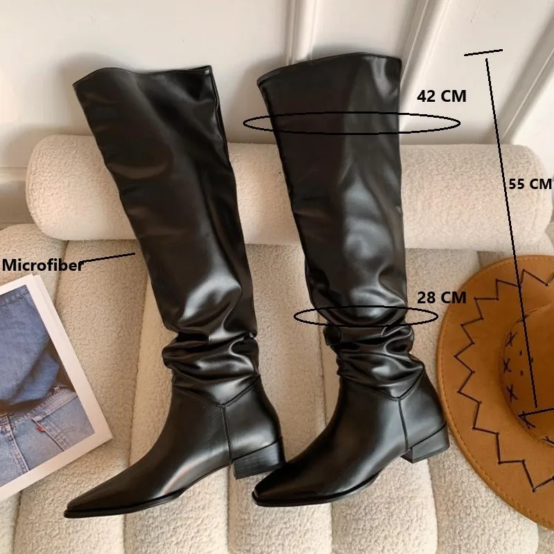 Hot Girls Knee- High Boots Slip On Simple Pleated Microfiber Winter Botas Big Girth Spring Autumn Modern Woman Boots Size 43