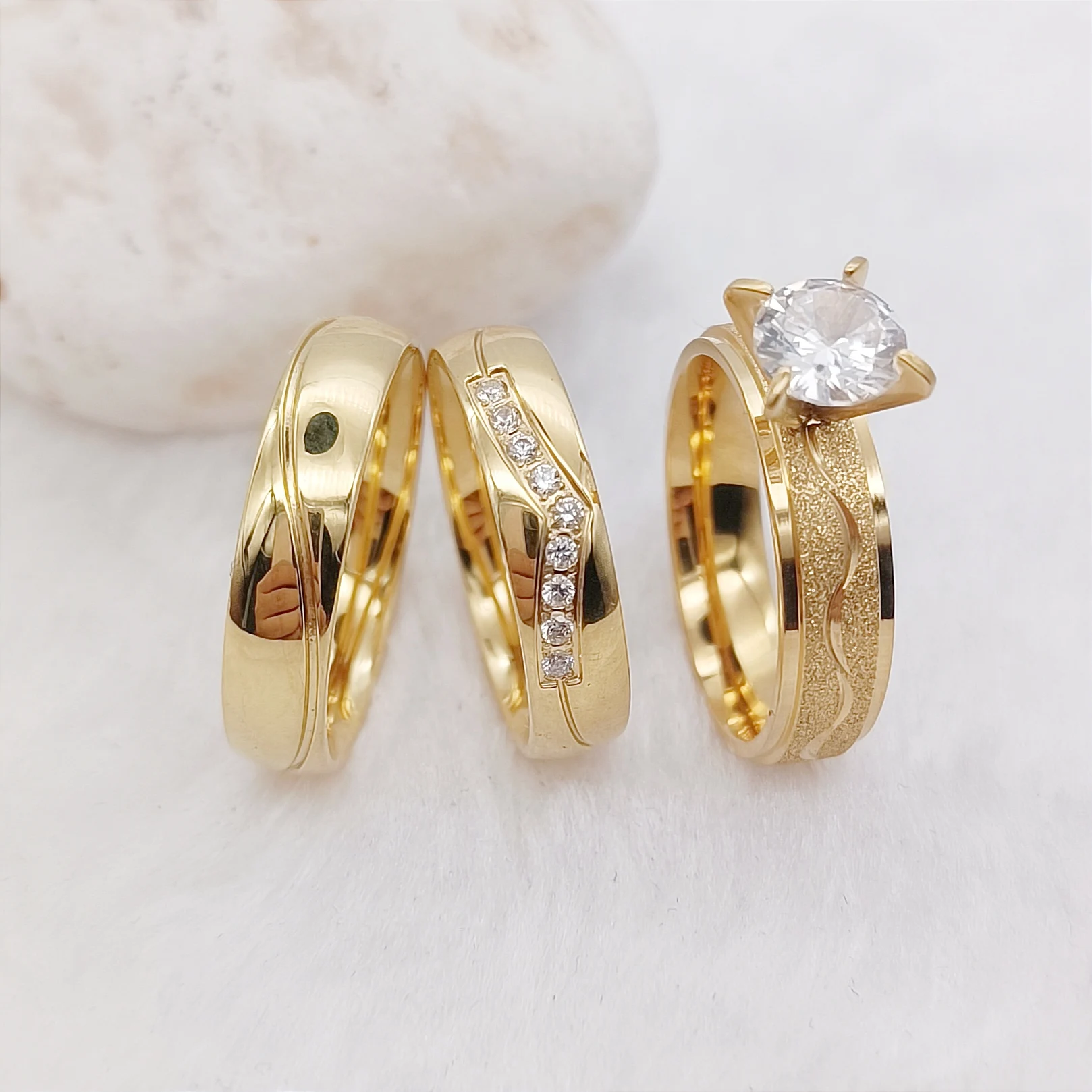 Marriage 3pcs Wedding Propose Engagement Rings Sets For Couples Crown Design 24k Gold Plated Jewery