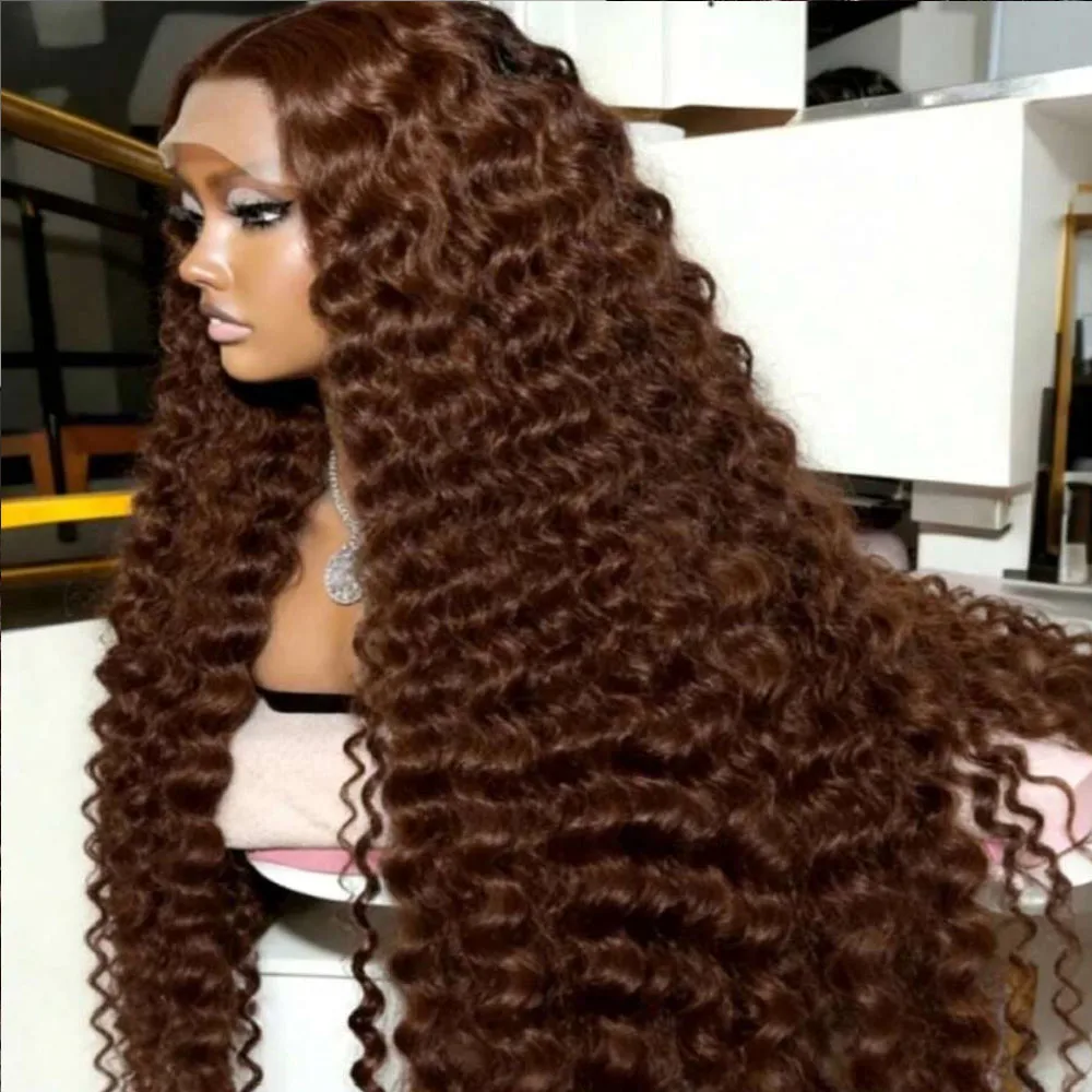 

Шоколадно-коричневые парики с глубокой волной и кружевной передней частью из натуральных волос 13x4 HD, кудрявые парики с кружевной передней частью для женщин 4 # Коричневый парик с кружевной передней частью