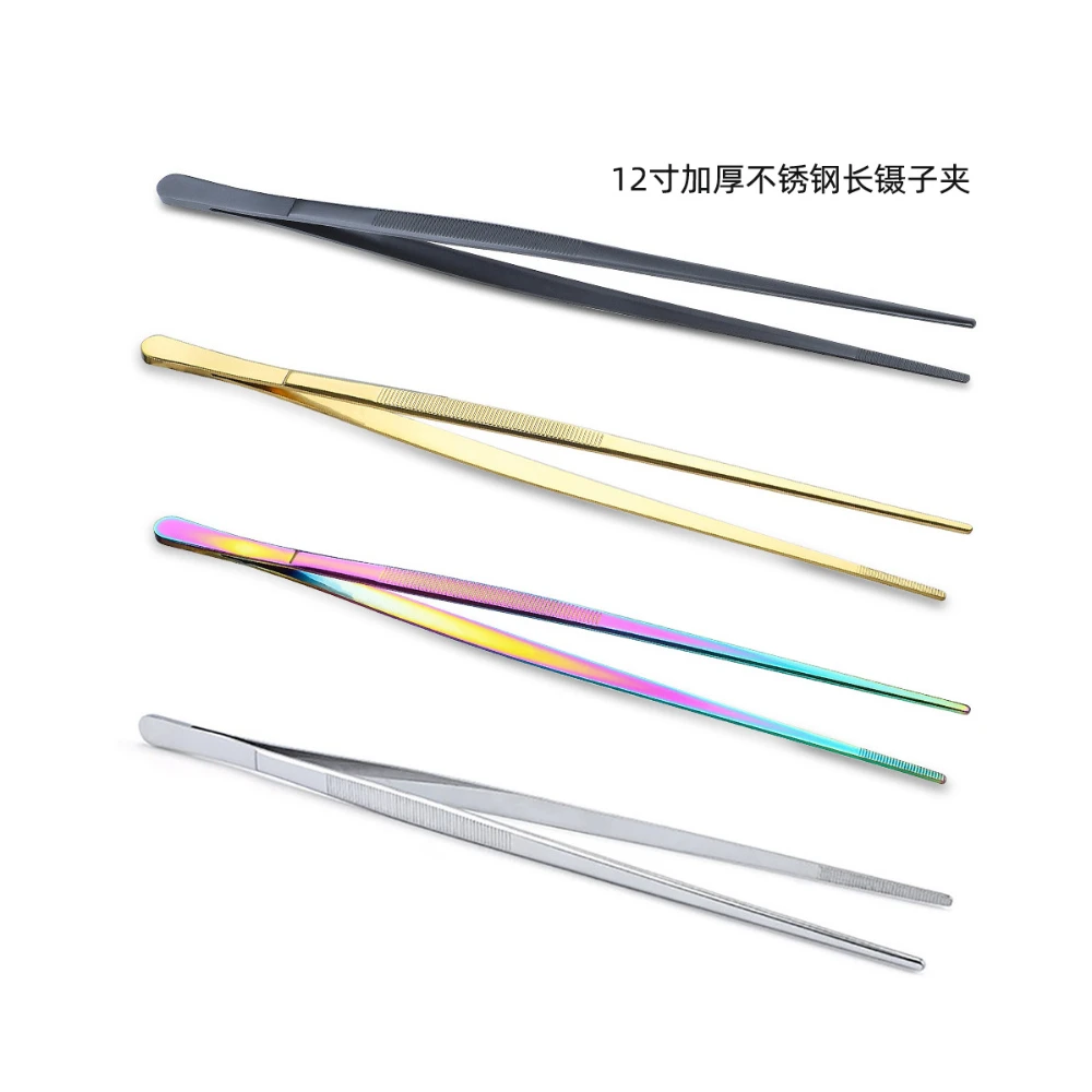 12Inch Kitchen Tongs Stainless Steel Culinary Precision Tweezer Cooking Tongs for Barbecue Food Tongs Thickened Daily Clamp Tool