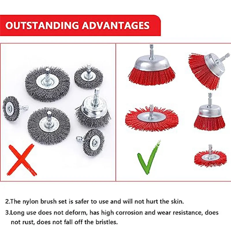 

7 Pack Nylon Filament Abrasive Wire Brush Wheel & Cup Brush Set With 1/4 Inch Hex Shank, Nylon Drill Brush Set