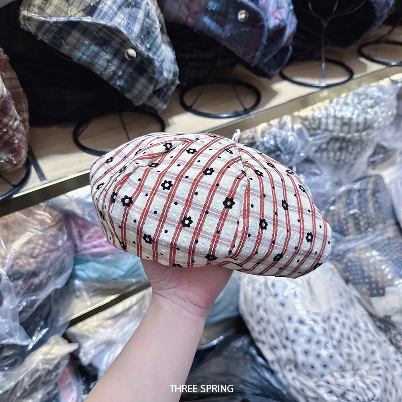 

New Plaid Floral Beret Women's Summer Thin Outdoor Painter's Hat