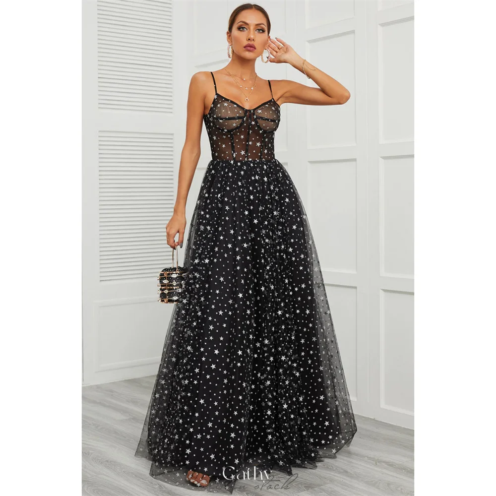 

Cathy Black Spaghetti Strap Prom Dresses Star Tulle A-line vestidos de noche Elegant Sleeveless Floor-Length Formal Evening 2024