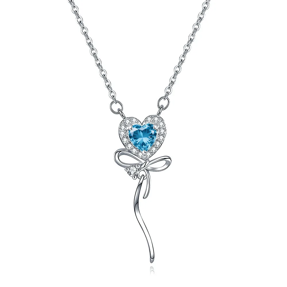 

S925 Silver Bow Ocean Heart Love Necklace Female Sweet Elegant Pendant Niche Design Jewelry