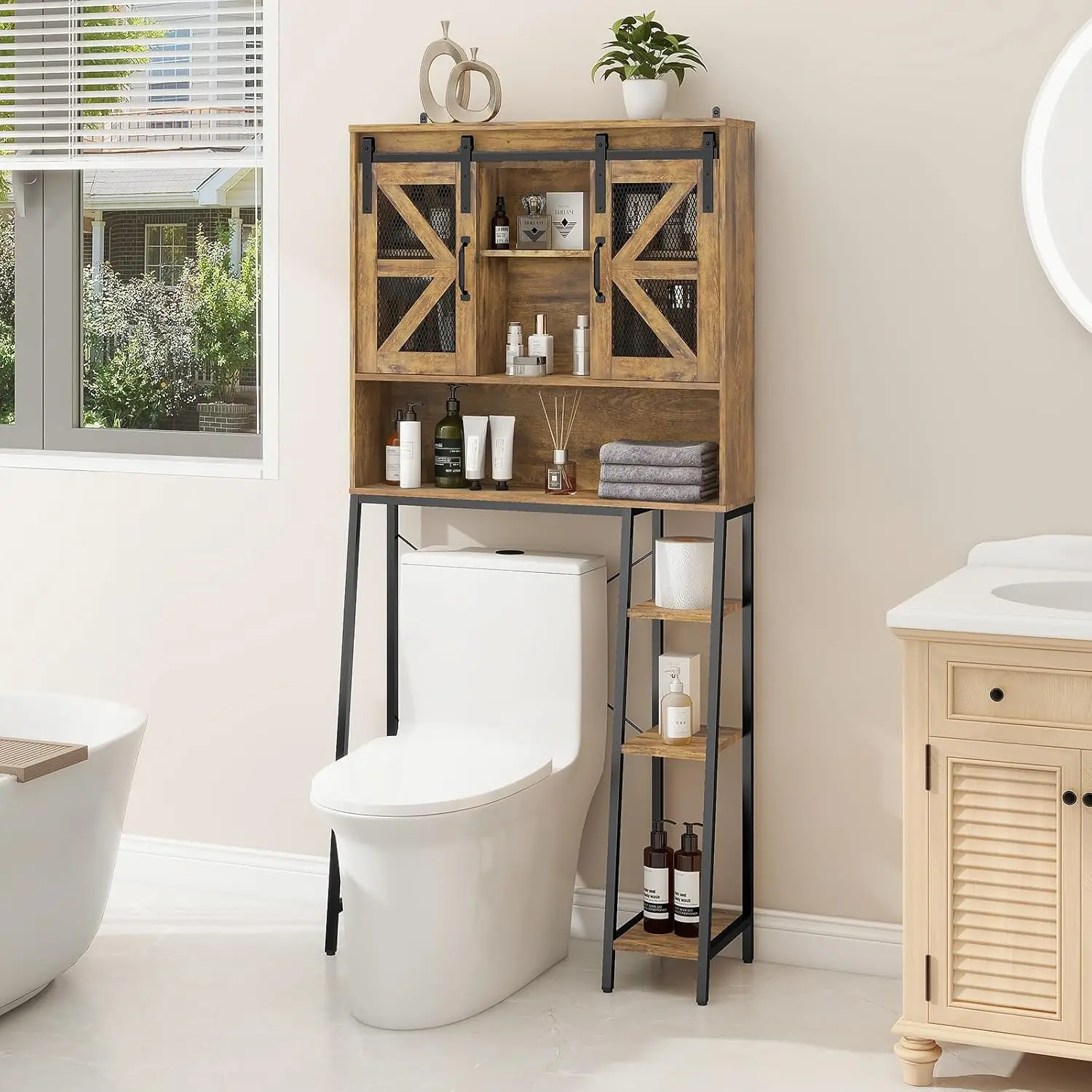 

Over Toilet Storage Cabinet with 2 Sliding Barn Door Space-Saving Bathroom Restroom Laundry Rack Brown, Customized