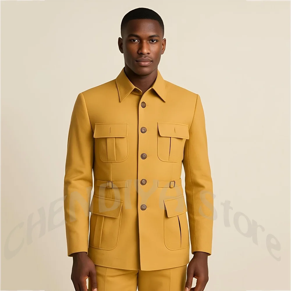 Safari Style Men's Suit Classic Peaked Lapel Multi Pockets Belt Waist Slim Fit Blazer Pants Set Fashion Casual Party Male Outfit