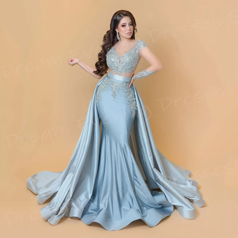 Elegante Blauwe Vrouwen Zeemeermin Prachtige Avondjurken Mooie Applicaties Prom Jurken Sexy Lange Mouw V-Hals Robe De Soiree Femmes