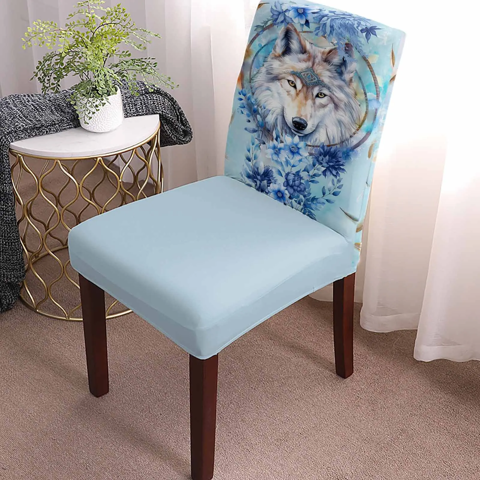 Watercolor Wolf Flower Feather Dining Chair Covers Spandex Stretch Seat Cover for Wedding Kitchen Banquet Party Seat Case