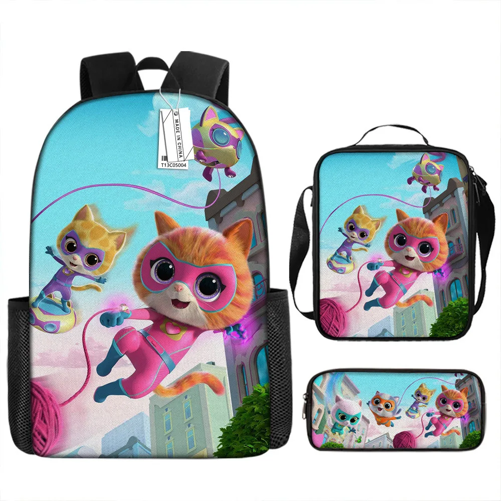 Cute Cat Super kitties Schoolbag Travel Backpack Lunch Bag Pencil Case set for Kids Students