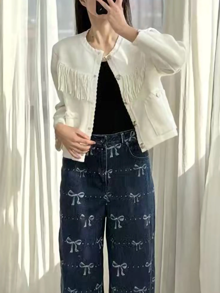 

Весенне-осенний модный вязаный кардиган с кисточками и круглым вырезом, женский однобортный свитер с длинными рукавами и карманами, женская куртка