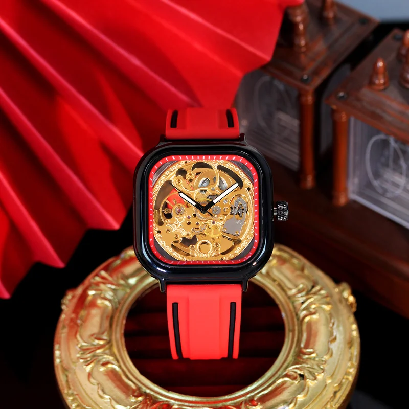 

A men's black and red tape minimalist casual square dial fully automatic mechanical watch