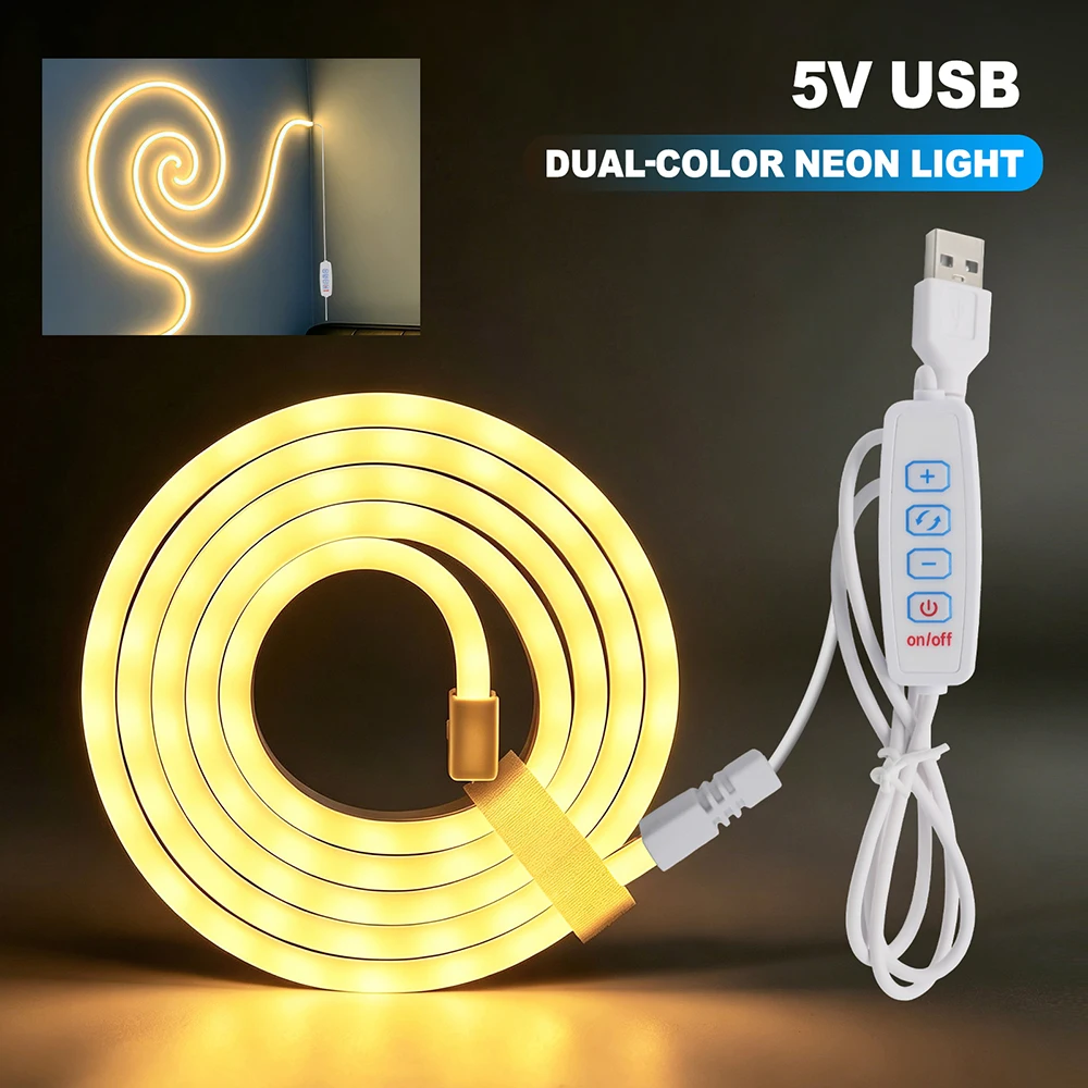 5V Neon LED Strip Light 4key Switch USB Power 1M 2M 3M 5M Dual Color White Warm 90LEDs/M Waterproof Flexible Tape for Home Decor
