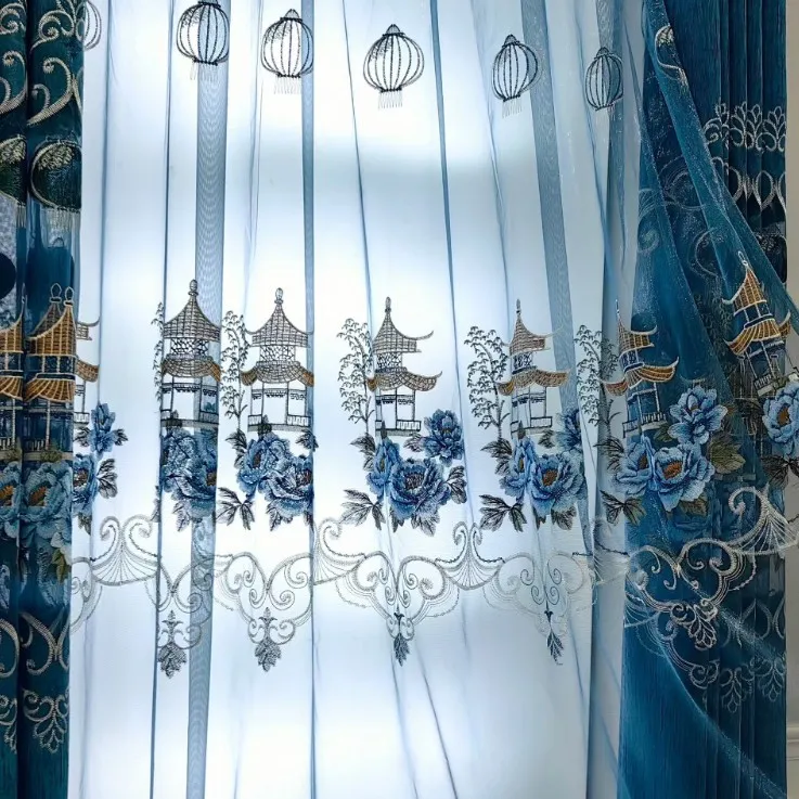 

New Chinese Style Aesthetic Peony Pavilion Lantern Water-soluble Embroidery Curtains High Luxury Velvet Embroidery Window Screen