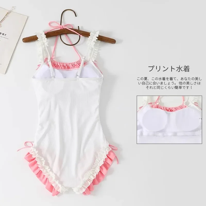 Ruffle Halter Vest ชุดว่ายน้ําบิกินี่ One Piece Monokini Push Up ใหม่ Sweet Lolita ชุดว่ายน้ําเบาะชายหาดว่ายน้ํา