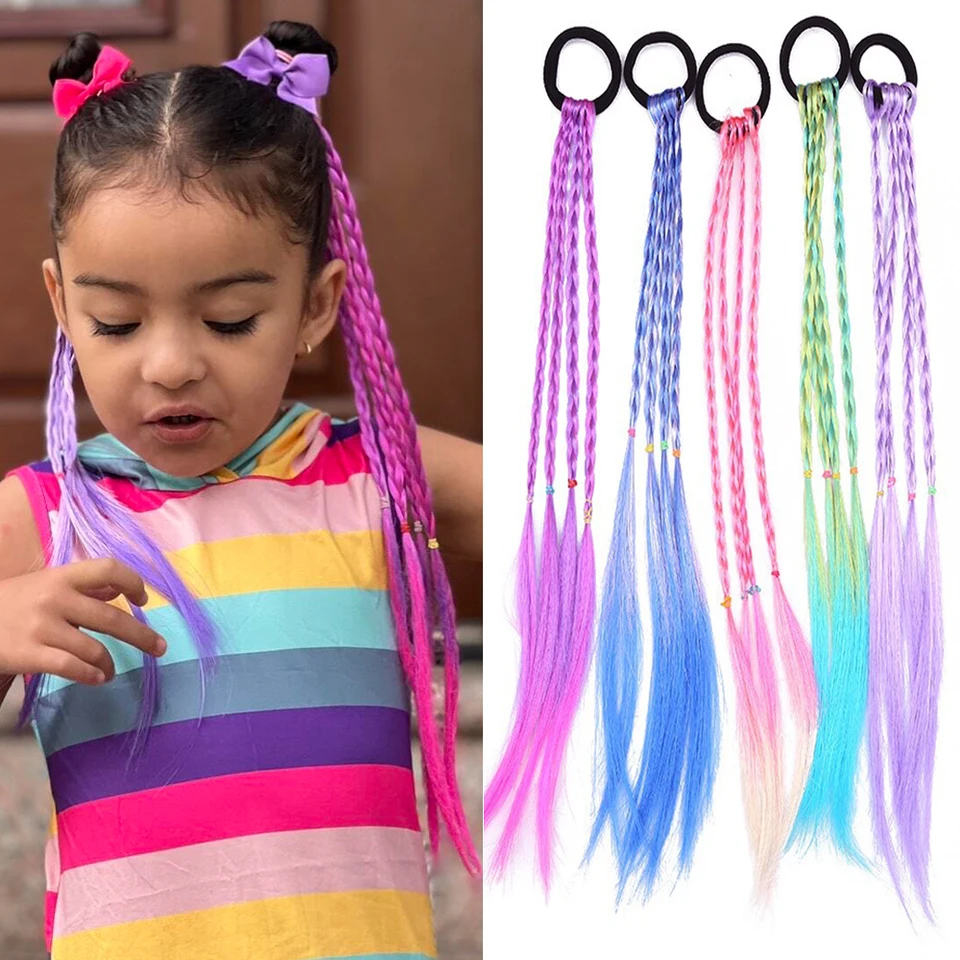 Coleta de peluca sintética de colores para niños con banda elástica, trenzas pequeñas, accesorio de cabello
