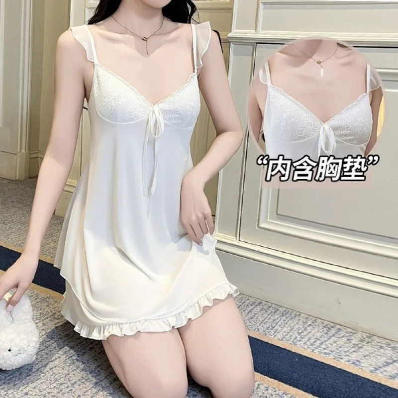 Sexy Nightdress Summer Ice Silk with Chest Pad Strap Nightdress Lace Beautiful Back Pure Desire Loungewear