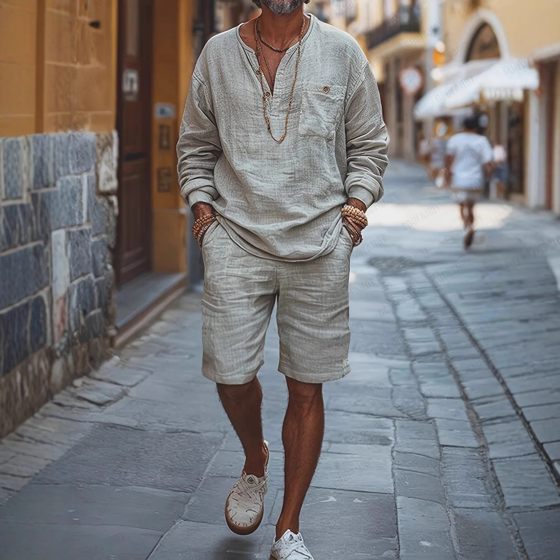 Mann Zwei Stück Set 2025, Neue männer Einfarbig Langarm T-shirt Shorts Set Leinen Strickjacke Casual Lose Kurze lange Ärmel Shirts