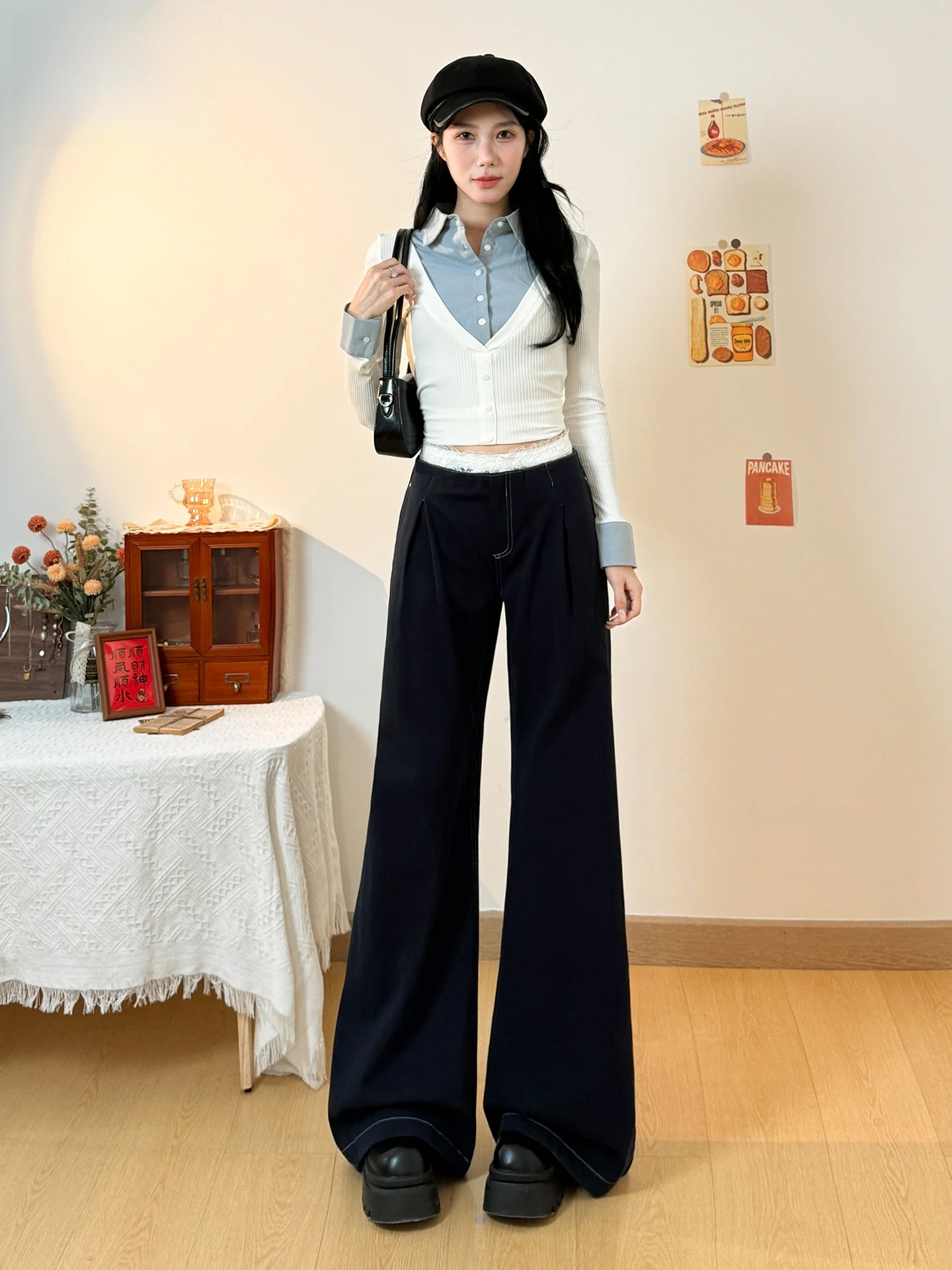 High Waist Wide Leg Casual Pants Women's Summer Slimming Loose Straight Leg Trousers Lace Splicing Casual Style Cotton Fabric
