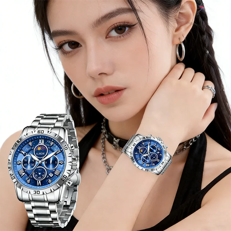 

Женские часы LIGE, топовый бренд, роскошные, модные, круглые, серебристые, из нержавеющей стали, с функцией фаз луны и хронографом.