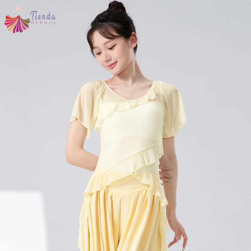 

Женские газовые сетчатые топы для классических танцев, рубашка с круглым вырезом и короткими рукавами, прозрачная блузка с оборками, летние сценические костюмы