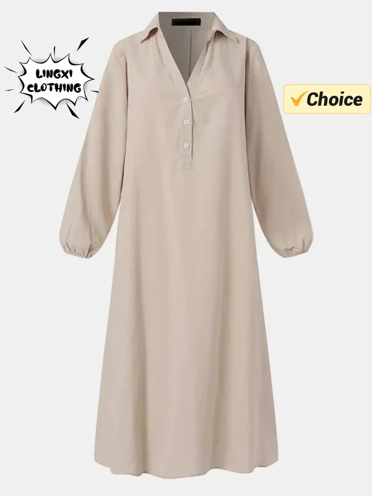 2024 Summer Fashion Cotton and Hemp Long Casual Solid Color Dress V-neck Elegant Half Open Front Women\'s Long Sleeved Robe