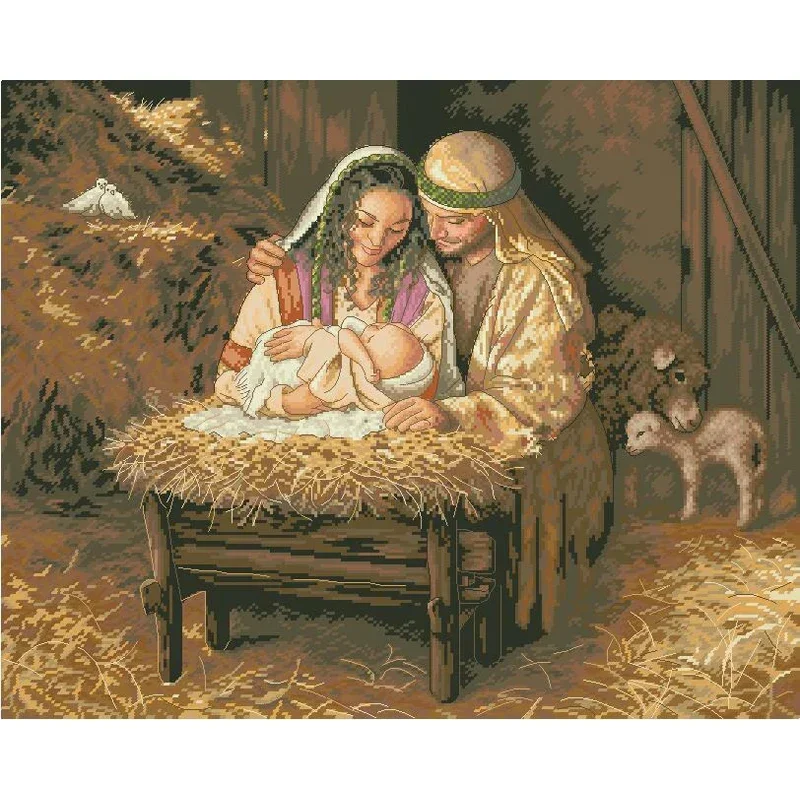 Amishop Gold Collection Counted Cross Stitch Kit Light Of Love Baby Is Born Nativity Couples Shepherd Dim 70-08933