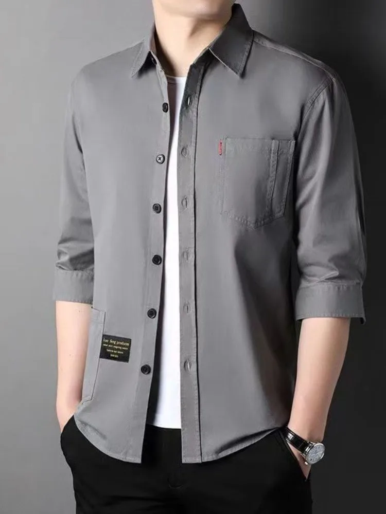 メンズファッションシャツジャケット七分袖シャツカジュアル薄手ミドル丈アメリカンカラーピン夏新作クラシックスタイル