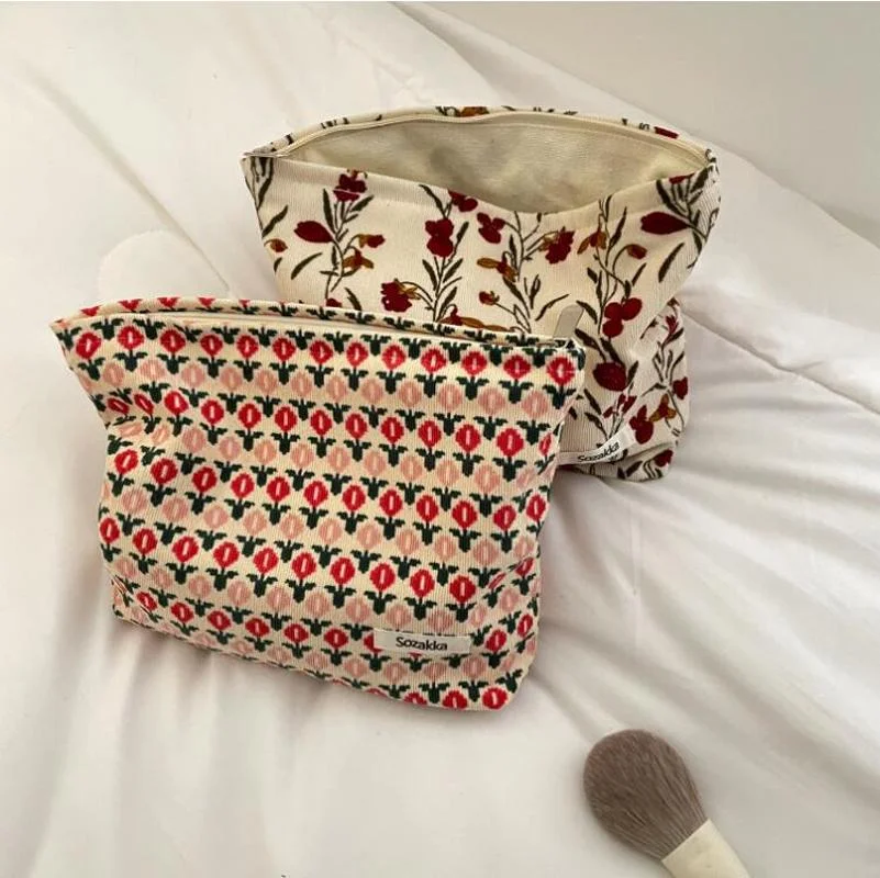 Fashion Corduroy Cosmetic Bag Retro Flower Print Cosmetic Bag Portable Wash Bag Women Travel Cosmetic Bag Beauty Storage Bag