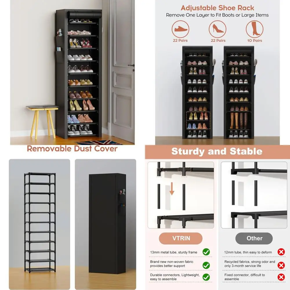 

10-Tier Compact Shoe Rack for 20-22 Pairs with Dustproof Cover, Ideal for Closet or Entryway in Black