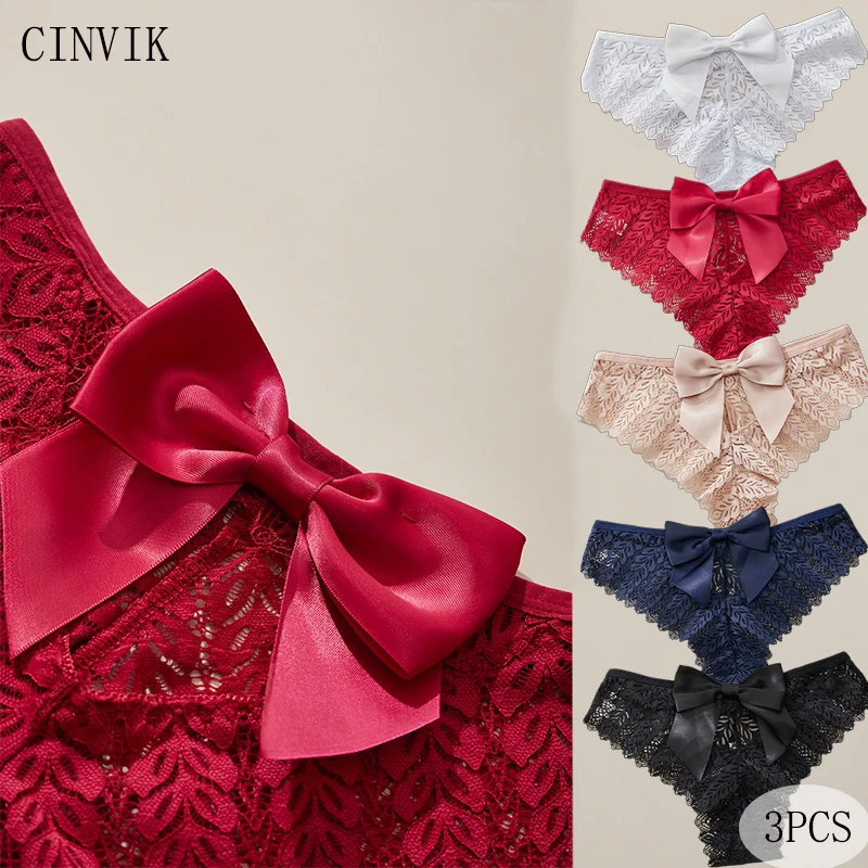 Cinvik 3 قطع الدانتيل مثير الملابس الداخلية النسائية القوس المرأة سراويل تنفس مريحة النساء الملابس الداخلية متعة تكدرت ثونغ