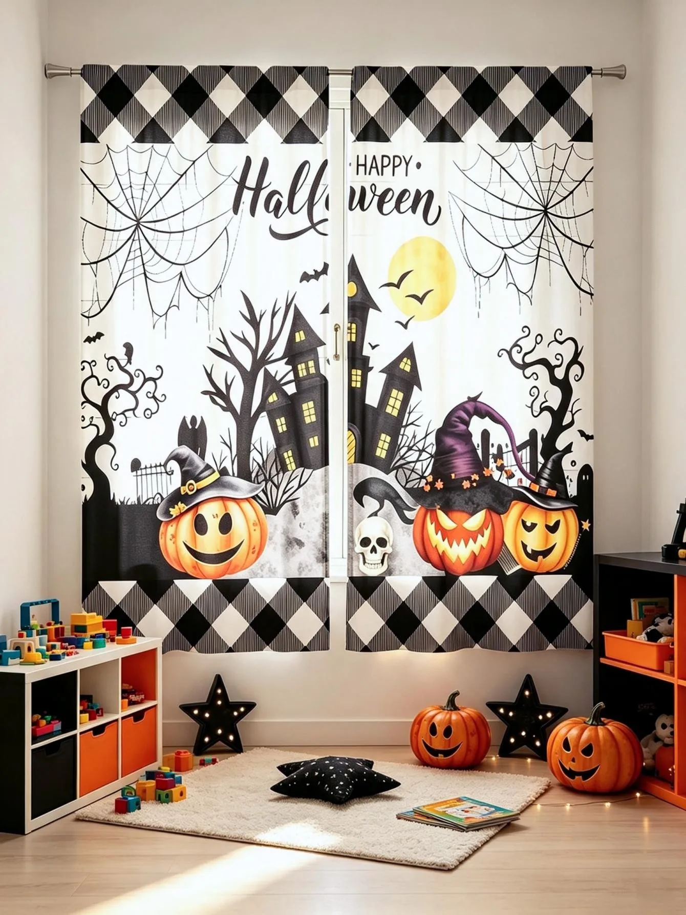 2PCS Digital Print Curtain, Diamond Grid Haunted Castle Halloween, Gothic Retro Spooky for Bedroom Living Room Kitchen